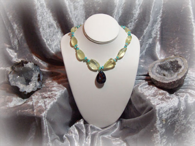 Faceted Lemon Quartz Nugget Necklace w/ Blue Pietersite Teardrop Pendant