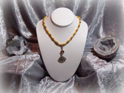 Aragonite and Yellow Jade Necklace w/ Hill Tribe Silver Trumpet Flower and Etched Floral Pendant