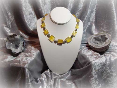 Faceted Honey Chalcedony Gem Beaded Necklace with Bali Silver Square Beads